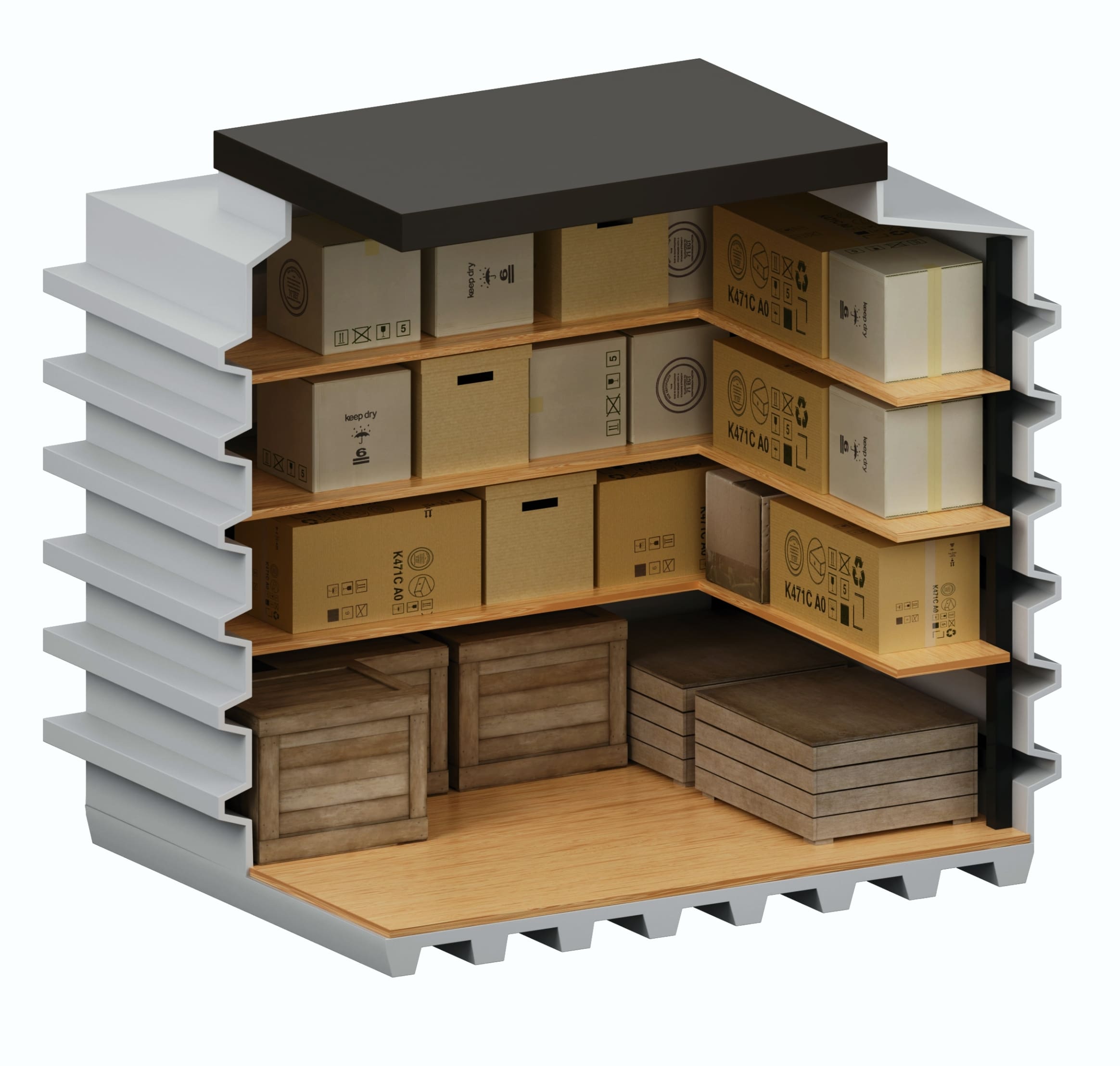 Warehouse Pantry Plastic storage compartment – 3 rows of shelves  
 – Length 160cm 
 – Width 130cm 
 – Height 165cm 
  – Volume 2.5 m³  
  
  – Entrance dimensions 81х121 cm  
– Shelf  Underground Storage 130x160 Natural Fridge Gross price  2,360  EUR