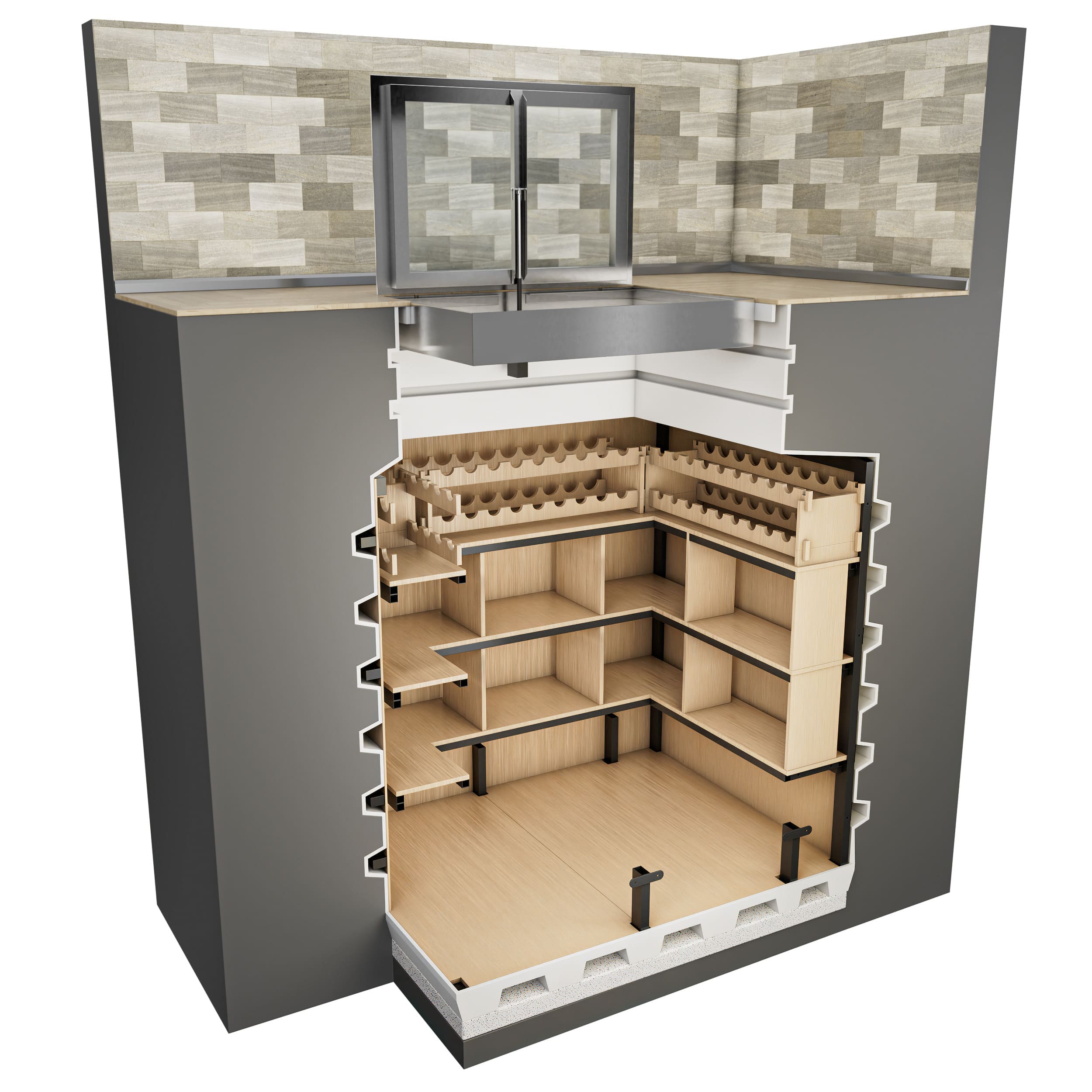 Wine Cellar 130x160 – Up to 400 bottles – 3 rows of shelves – Volume 2.0 m³  – Length 160cm – Width 130cm – Height 200cm – Weight 350 – Entrance dimensions 70х100 cm – Shelf space 1.6 m² Wine Cellar 130x160 Natural Fridge Gross price  4,360  EUR