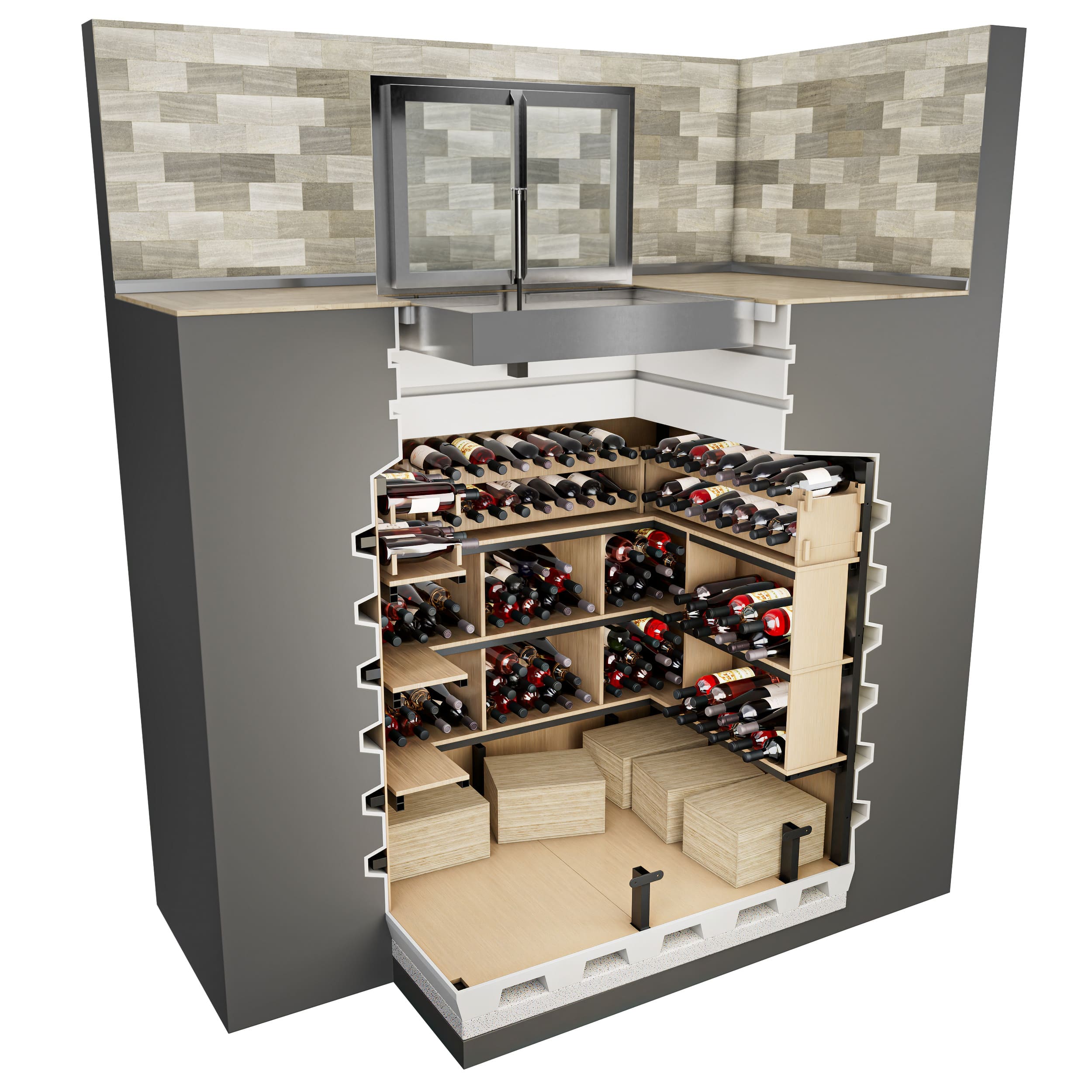 Wine Cellar 130x160 – Up to 400 bottles – 3 rows of shelves – Volume 2.0 m³  – Length 160cm – Width 130cm – Height 200cm – Weight 350 – Entrance dimensions 70х100 cm – Shelf space 1.6 m² Wine Cellar 130x160 Natural Fridge Gross price  4,360  EUR
