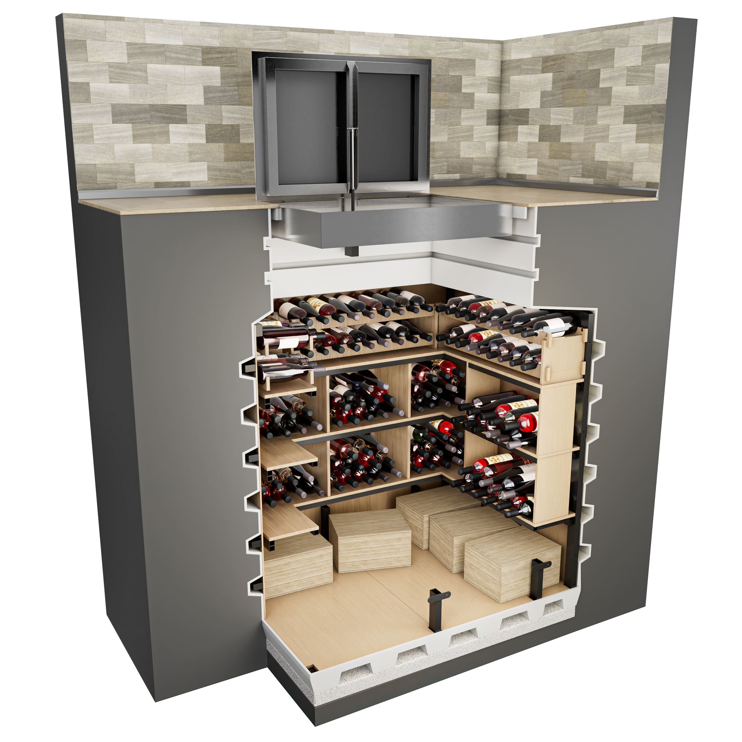 Two in one — a wine cellar and a bomb shelter — safety with taste – Up to 400 bottles – 3 rows of shelves – Volume 2.0 m³  – Length 160cm – Width 130cm – Height 200cm – Weight 350 – Entrance  Wine Cellar 130x160 Natural Fridge Gross price  4,360  EUR