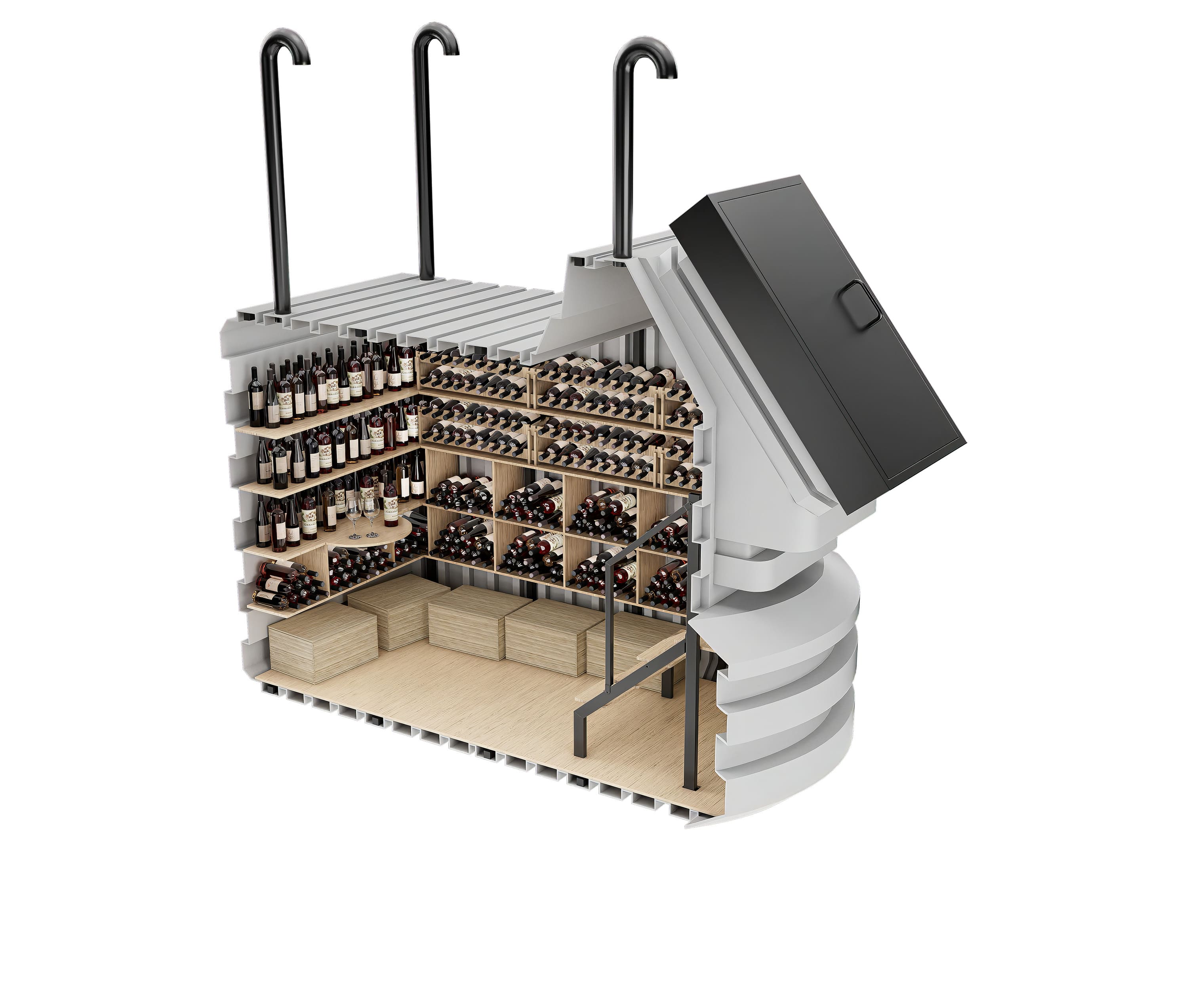 spiral wine cellar kit price – Up to 1300 bottles – 4 rows of shelves – Volume 12.9 m³  – Dimensions 200x350 cm – Height 270 cm – Weight 1300 kg – Entrance dimensions 90х130  🍏 Wine Cellar 200x350 Natural Fridge Gross price  13,040  EUR  Offer