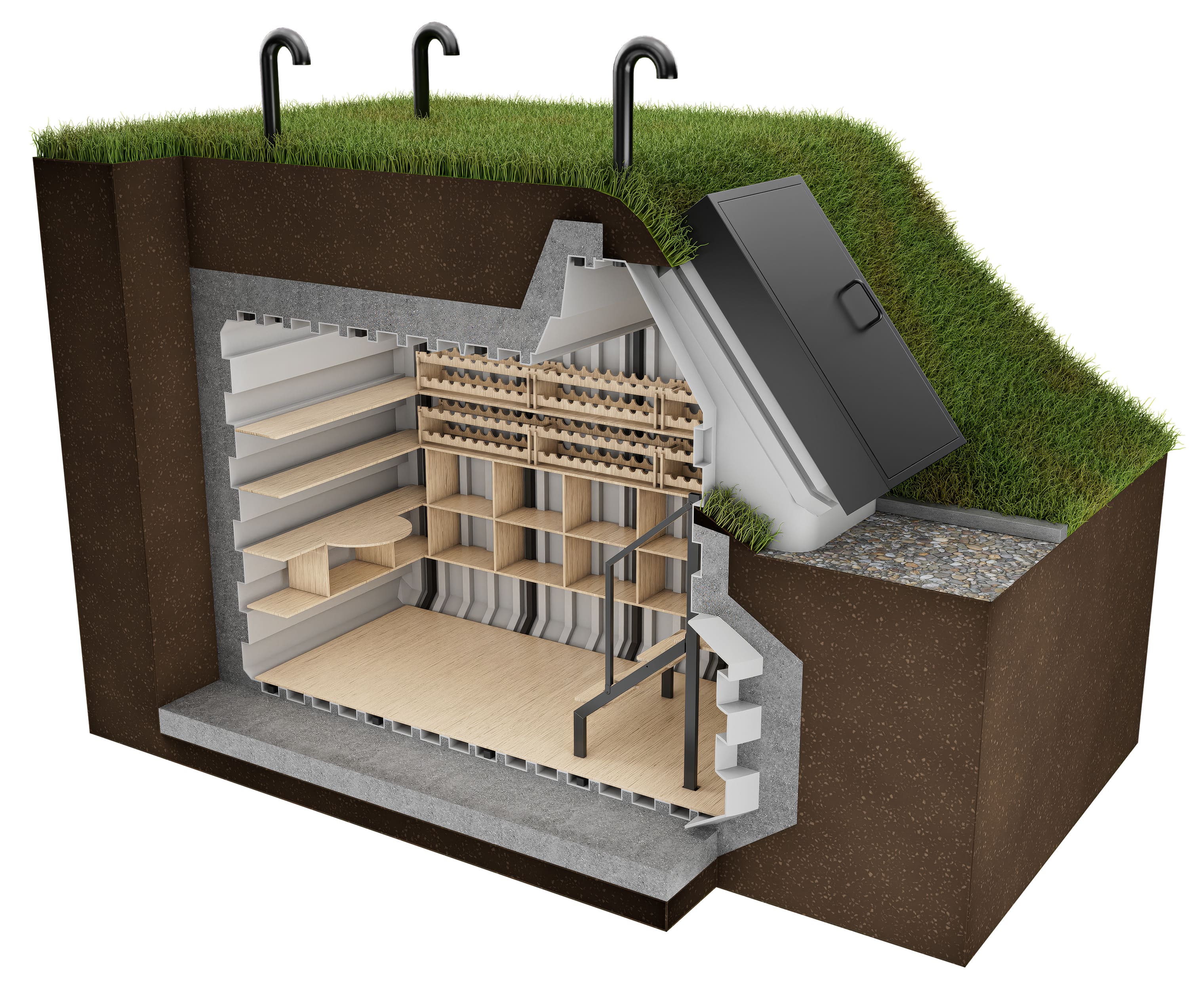 home fallout shelter wine storage – Up to 1300 bottles – 4 rows of shelves – Volume 12.9 m³  – Dimensions 200x350 cm – Height 270 cm – Weight 1300 kg – Entrance dimensions 90х130 cm – Width  Wine Cellar 200x350 Natural Fridge Gross price  13,040  EUR