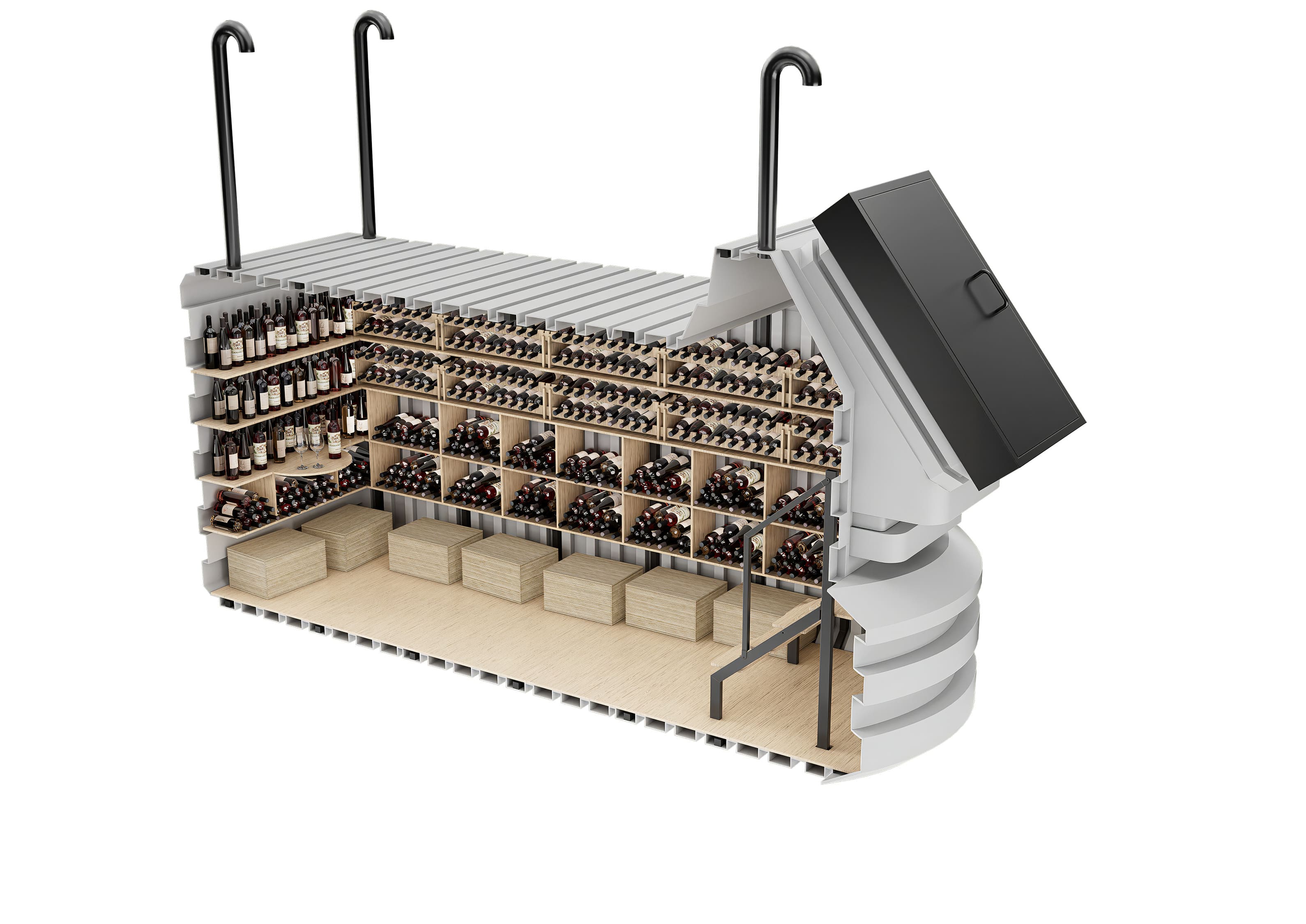 underground wine storage solutions – Up to 2000 bottles – 4 rows of shelves – Volume 18.3 m³  – Dimensions 200x500 cm – Height 270 cm – Weight 1850 kg – Entrance dimensions  🍏 Wine Cellar 200x500 Natural Fridge Gross price  17,350  EUR  Offer