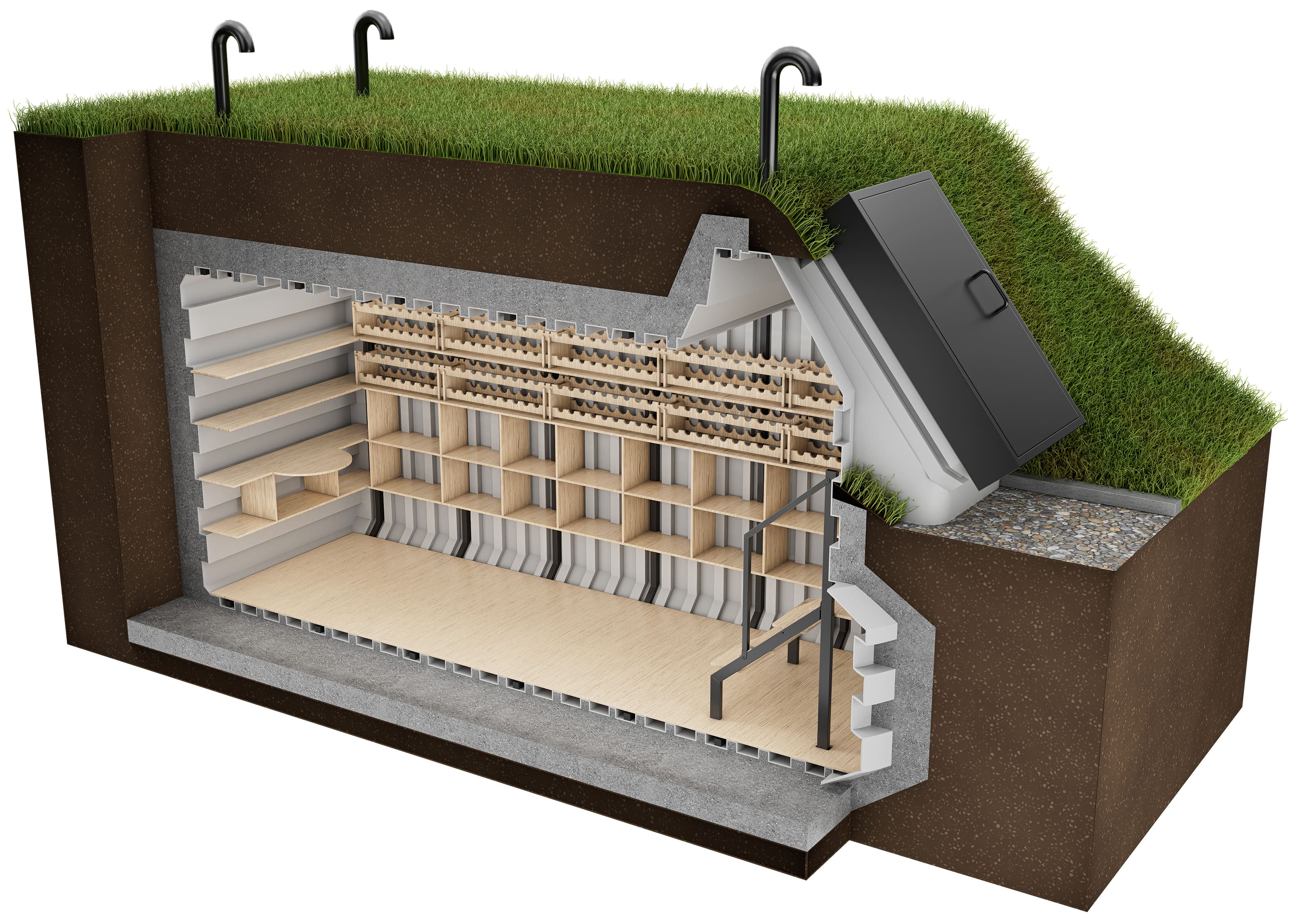 kész kerti pince műanyag beton – Akár 2000 palackig – 4 sor polc – Űrtartalom 18,3 m³  – Méretek 200x500 cm – Magasság 270 cm – Súlya 1850 kg – Bejárati méretek 90х130 cm – A polcok szélessége 30-35 cm  Borospince 200x500 Natural Fridge  22 250  EUR