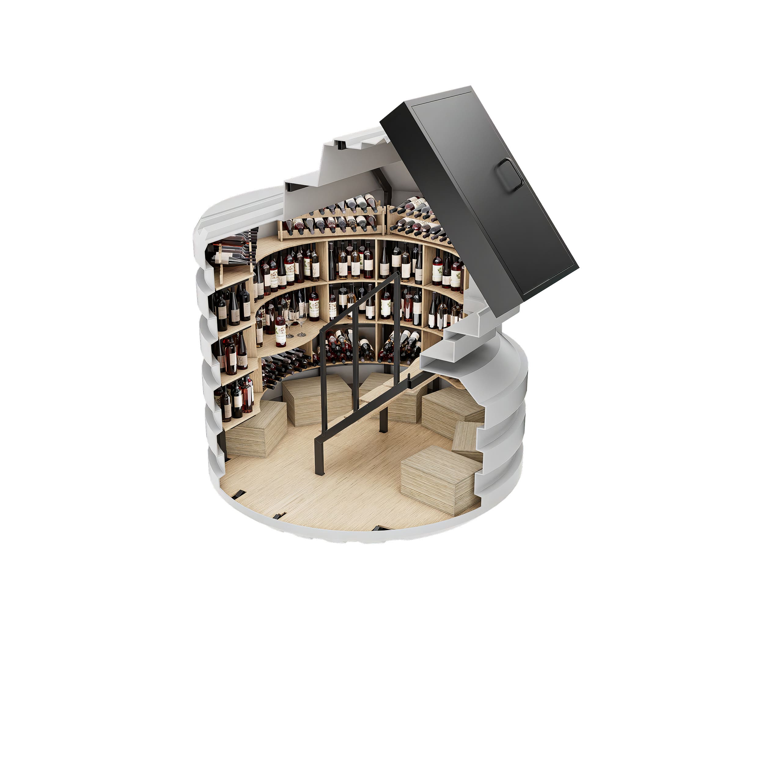 in-floor plastic wine cellar for home – Up to 800 bottles – 4 rows of shelves – Volume 9 m³  – Diameter 250 cm – Height 270 cm – Weight 900 kg – Entrance dimensions 90х130 cm  🍏 Wine Cellar 250 Natural Fridge Gross price  9,290  EUR  Offer